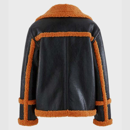 Men's Buy Best Genuine Brown Shearling Sheepskin Leather Black Jacket For Christmas Sale