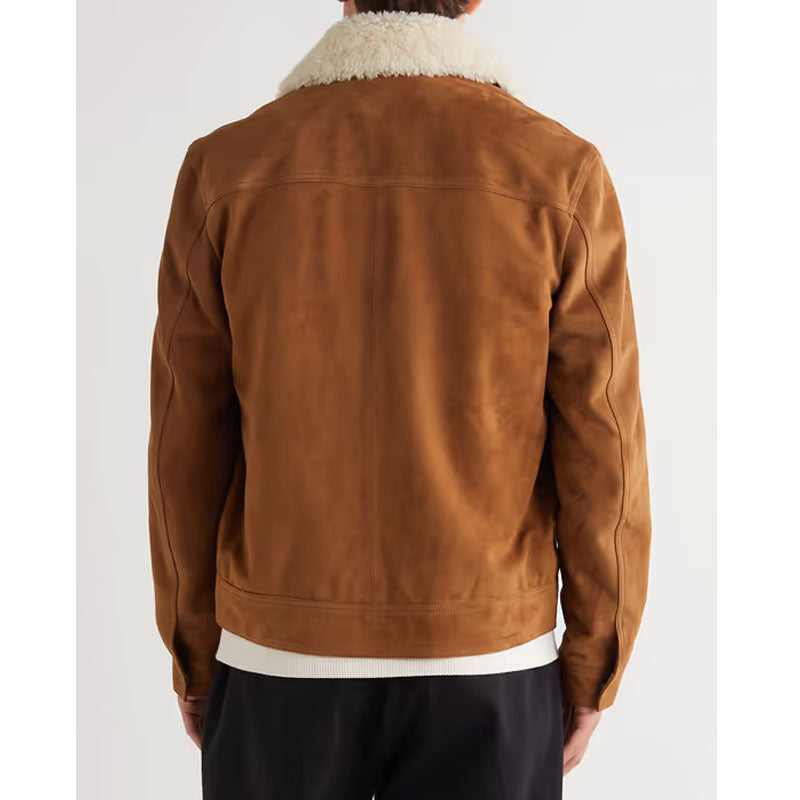 Men's Buy Best Winter Shearling Trimmed Suede Trucker Leather Jacket For Christmas Sale