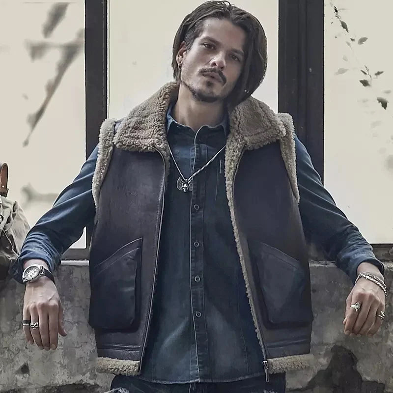 Men's Dark Brown Leather Shearling Vest