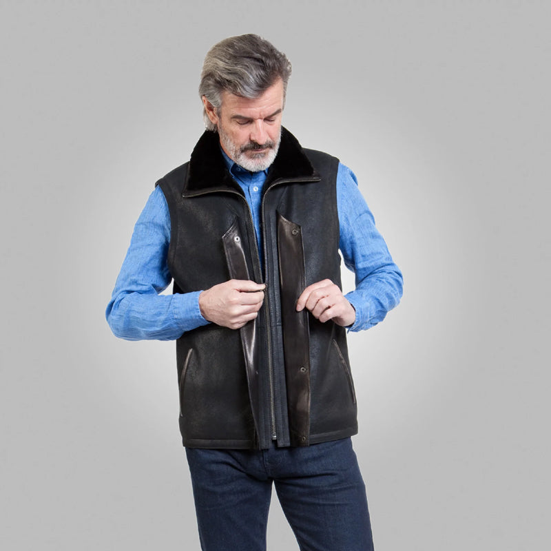 Shop Best Black Mens Shearling Leather Vest For Sale