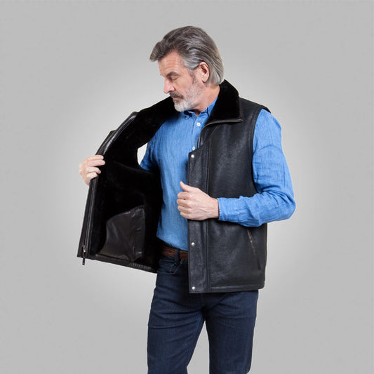 Mens Winter Black Leather Shearling Vest
