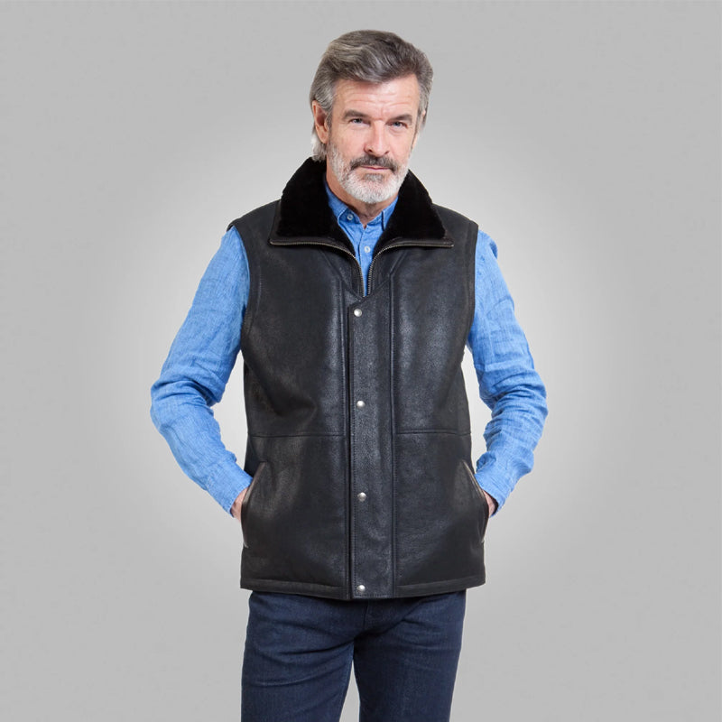 Exclusive Best Black Mens Shearling Leather Vest For Sale