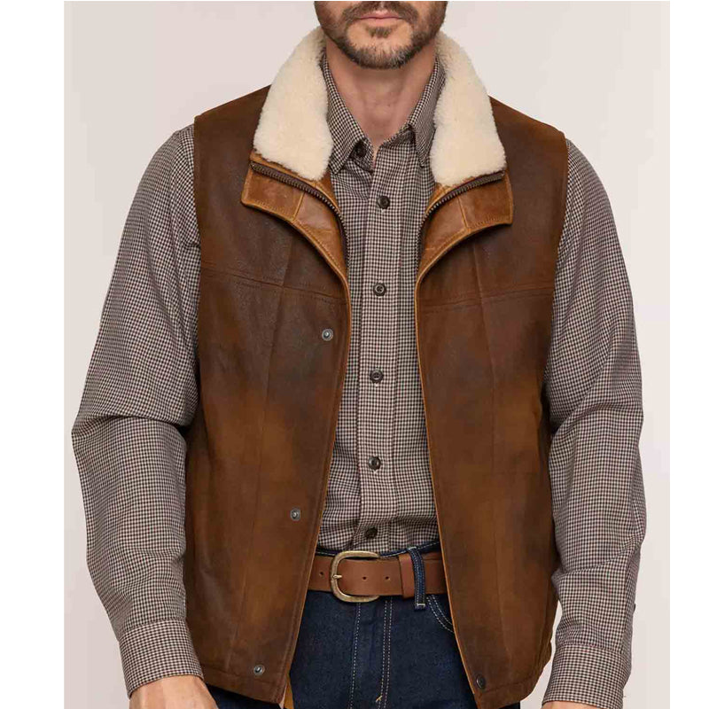 Men's Winter Brown Leather Vest with Removable Shearling Collar
