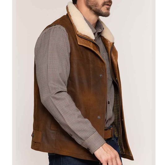 Best Sales: Men's Warm Brown Leather Vest with Shearling Collar