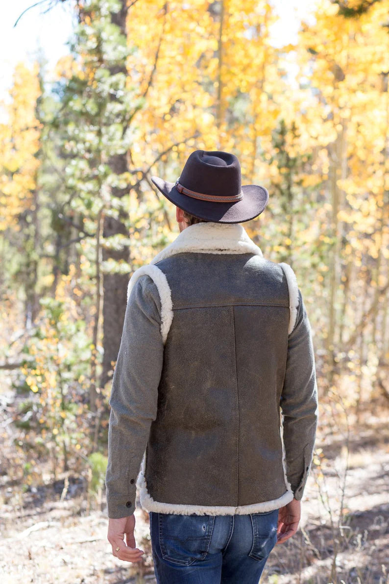 Mens Distressed Dark Brown Leather Shearling Vest