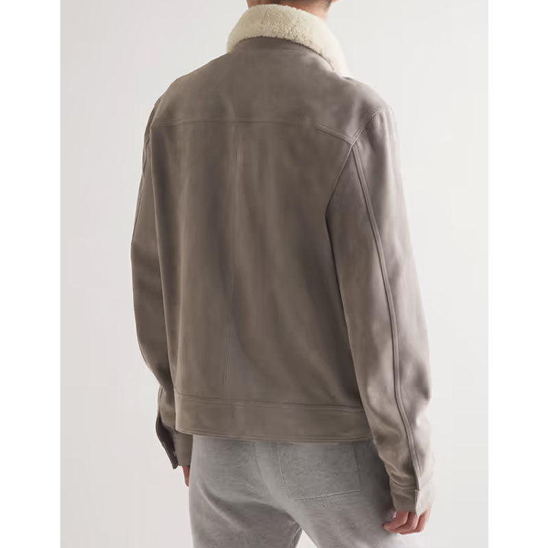 Mens Genuine Best Shearling-Trimmed Suede Trucker Gray Leather Jacket For Christmas Sale