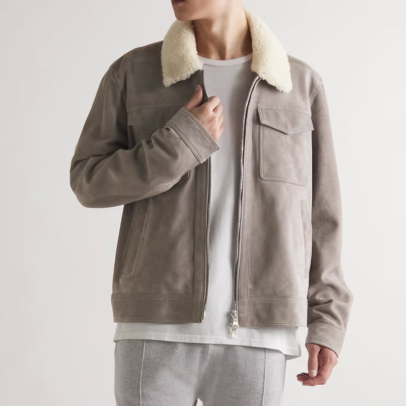 Mens Genuine Best Shearling-Trimmed Suede Trucker Gray Leather Jacket For Christmas Sale