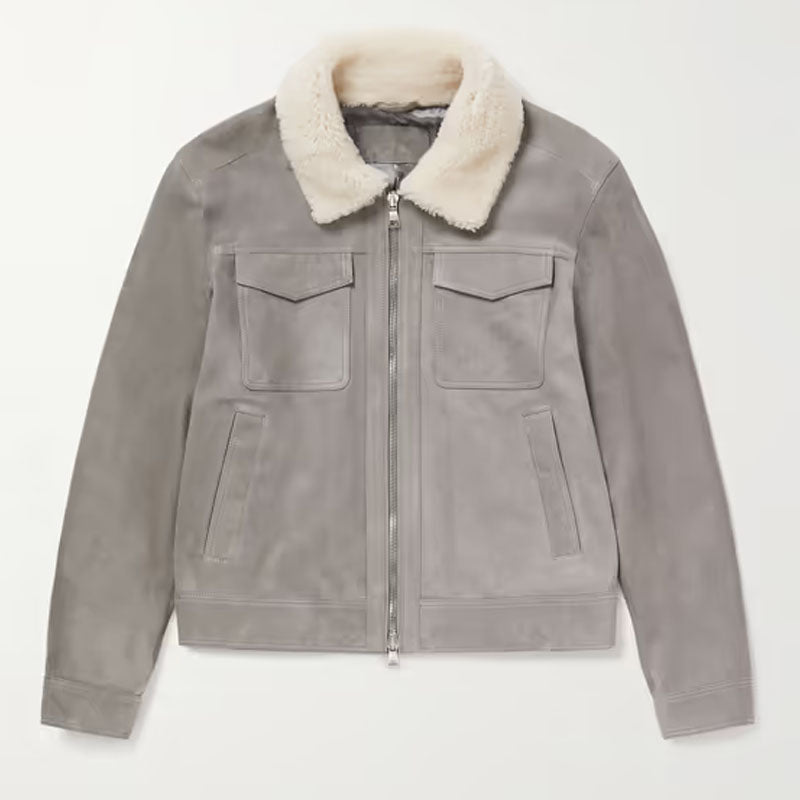 Mens Genuine Best Shearling-Trimmed Suede Trucker Gray Leather Jacket For Christmas Sale
