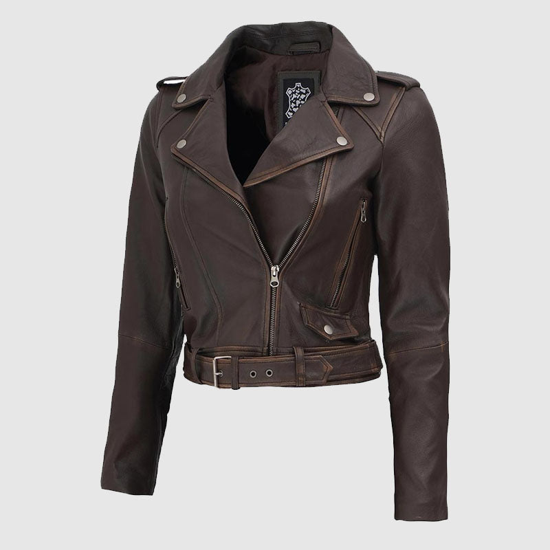 buy online brown women leather jacket