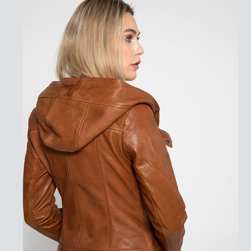 New Look For Women Style Cindra Brown Hooded Asymmetrical Zip Leather Jacket For New Year Sale