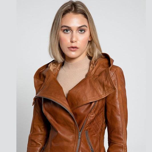New Look For Women Style Cindra Brown Hooded Asymmetrical Zip Leather Jacket For New Year Sale