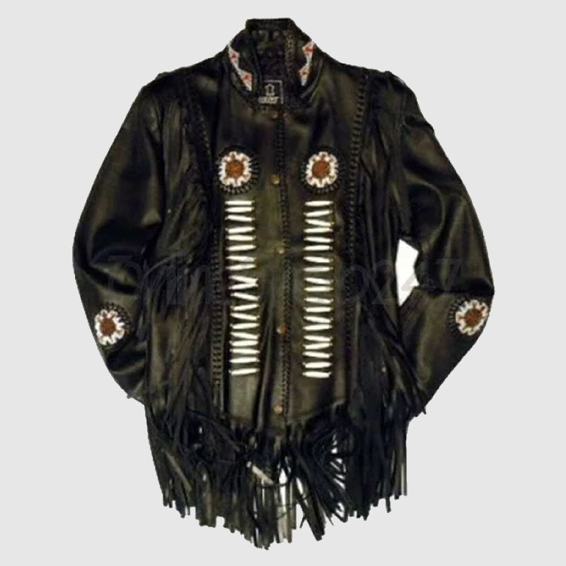 New Mens Native America Black Cowboy Western Leather Jacket Fringes