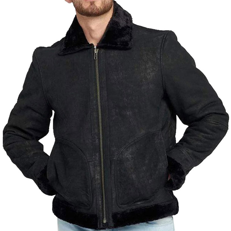 Purchase Best Genuine Fur Collar Shearling Winter Warm Leather Coat For Sale