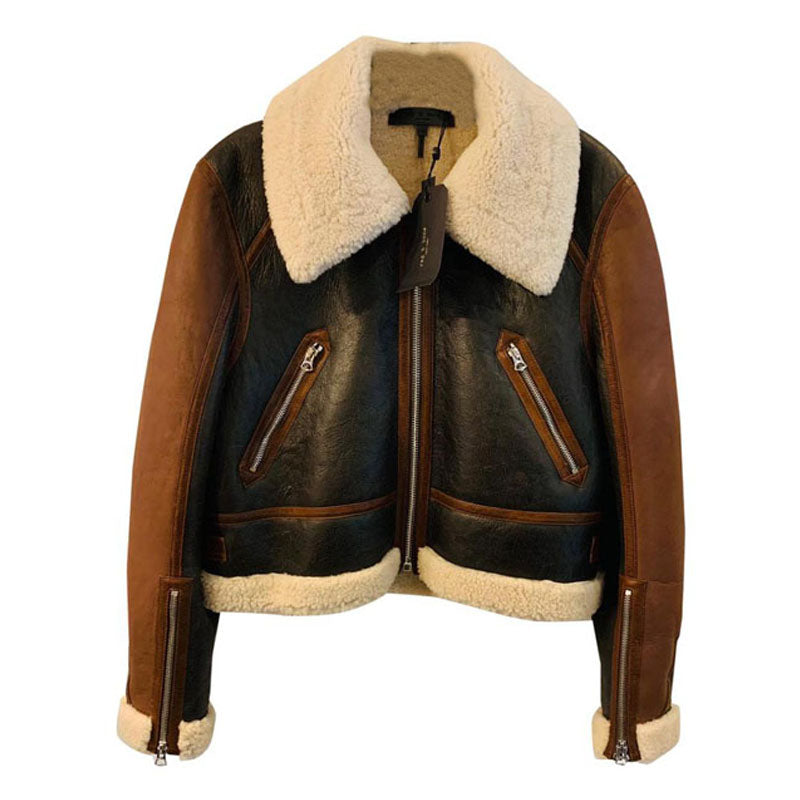 Purchase Best Genuine Style Brown Cropped Aviator Shearling Leather Jacket For Sale New Year