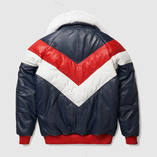 Purchase Best Style Navy Leather Bubble V- Bomber Jacket For Sale