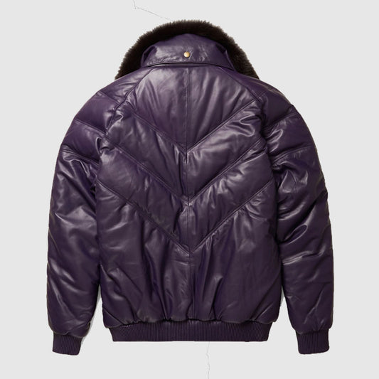 Shop Purple V- Bomber Leather Jacket With Black Fox Fur Collar
