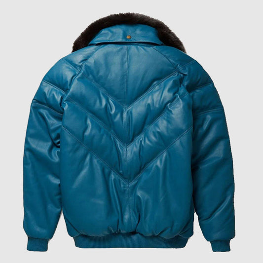 Real Quality Fur Teal Leather V Bomber Jacket