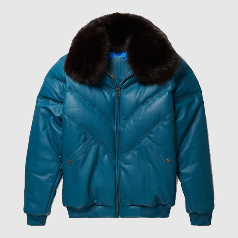 Real Quality Fur Teal Leather V Bomber Jacket
