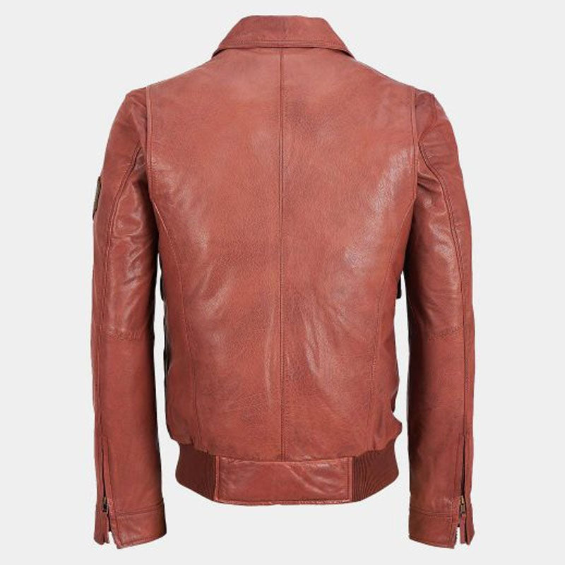 Shop Best Quality of Fashion Brown leather Bomber Jacket With Patches For Sale