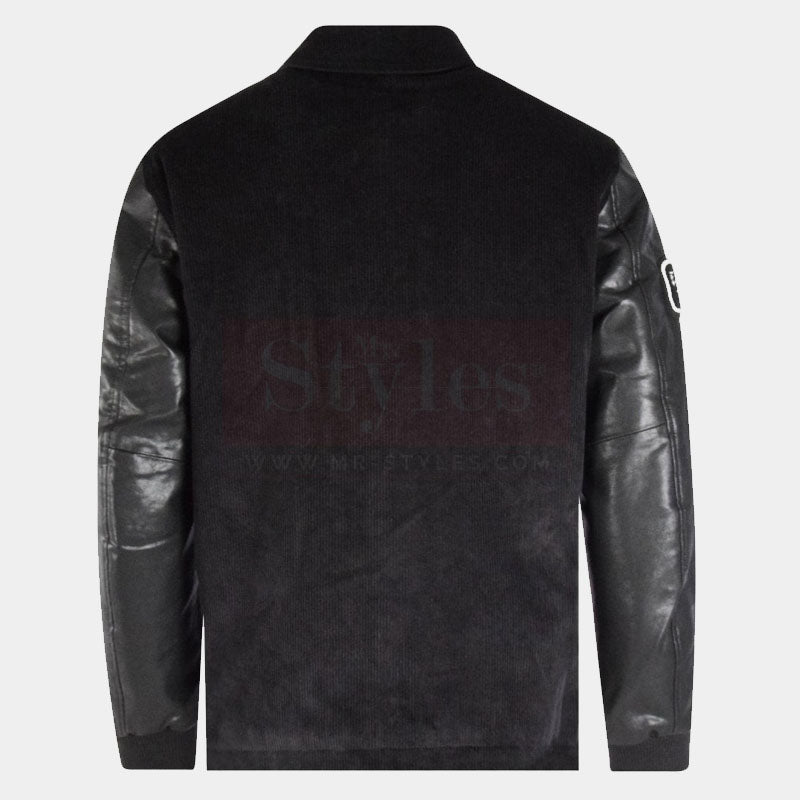Shop New Style 2023 Genuine Onyx Black Collared Leather Varsity Jacket For Sale