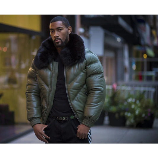 Buy Best Olive Green Style Bubble Leather Jacket For Mens