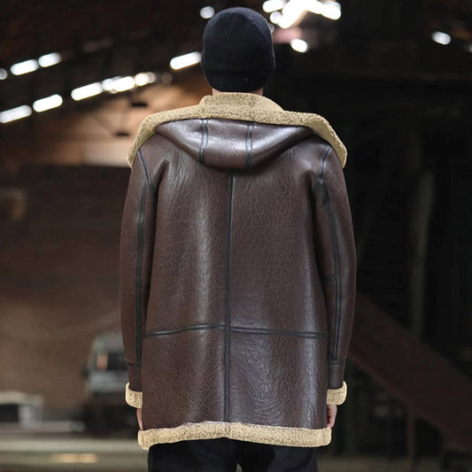 Warm Brown Sheepskin Jacket with Real Fur Hood for Winter