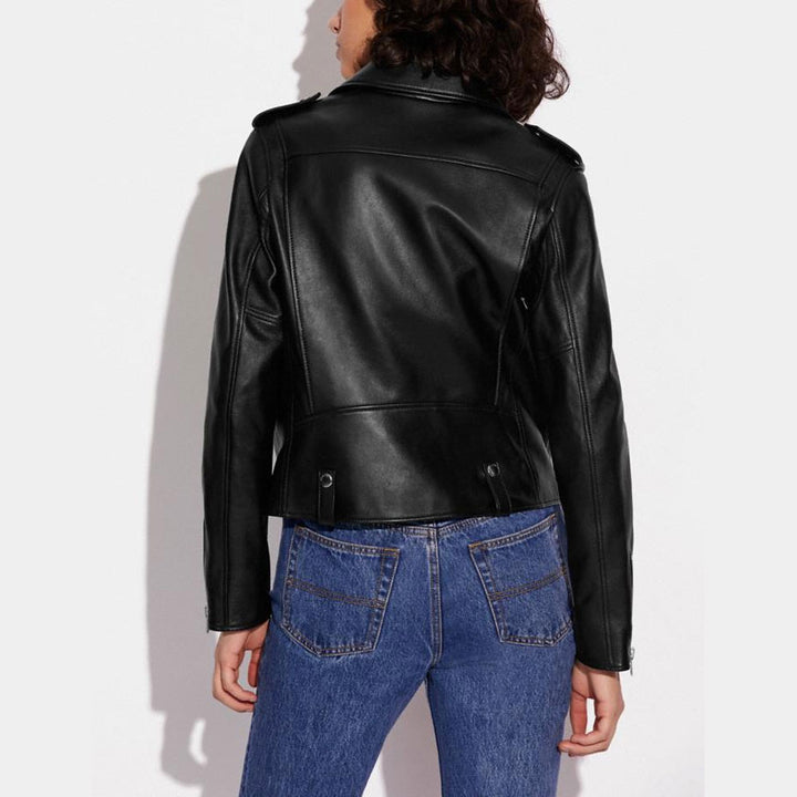 Women Black Biker sheepskin leather Jacket