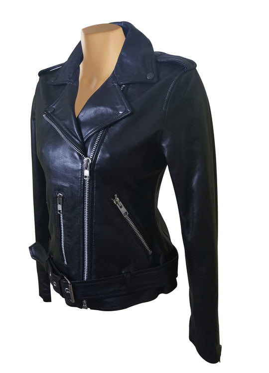 Arielle’s Biker Style Black Leather Jacket With Waist Belt