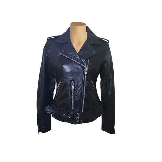 Arielle’s Biker Style Black Leather Jacket With Waist Belt