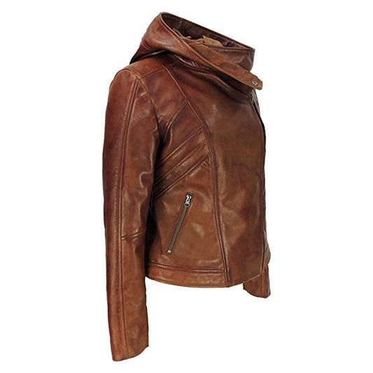 Genuine Leathers Women Real Lambskin Leather Biker Hooded Jacket