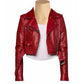 Martyna’s Red Crop Biker Leather Jacket With Waist Belt