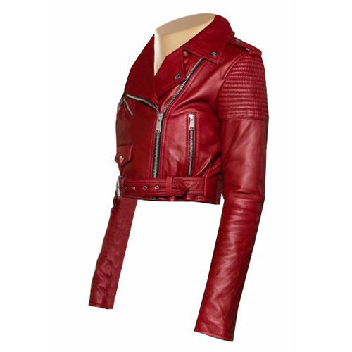 Martyna’s Red Crop Biker Leather Jacket With Waist Belt