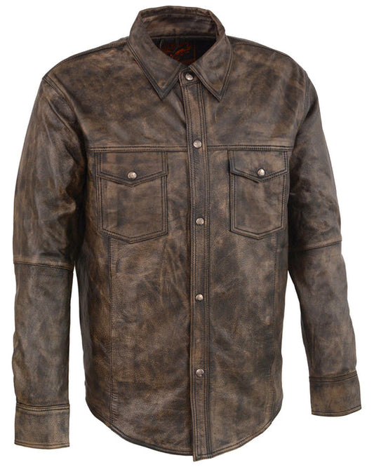 High Quality New Style Fashion  Leather Men's Distressed Brown Light Leather Snap Front Shirt