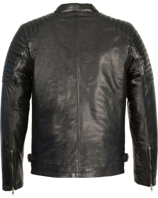 High Quality New Style Fashion  Men's Quilted Shoulders Snap Collar Leather Jacket