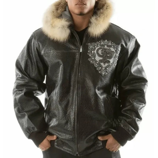 Handmade Best Style Rfx Leather Pelle Pelle Black PP Crest Fur Hood Leather Jacket