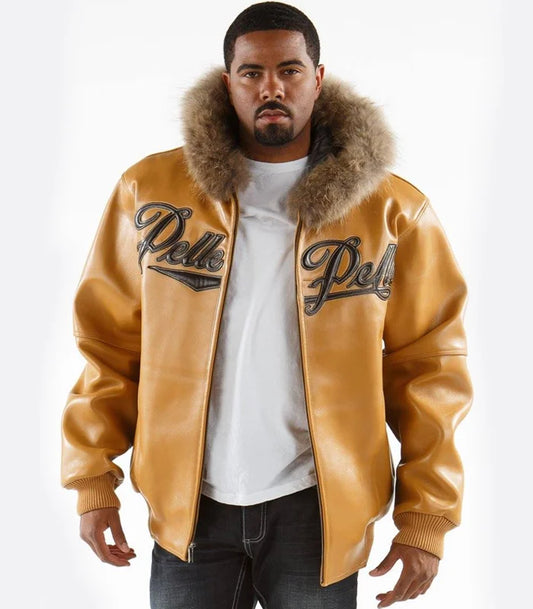 Buy Besy Style Men’s Pelle Pelle Mustard Fur Hooded Real Leather Jacket For Sale