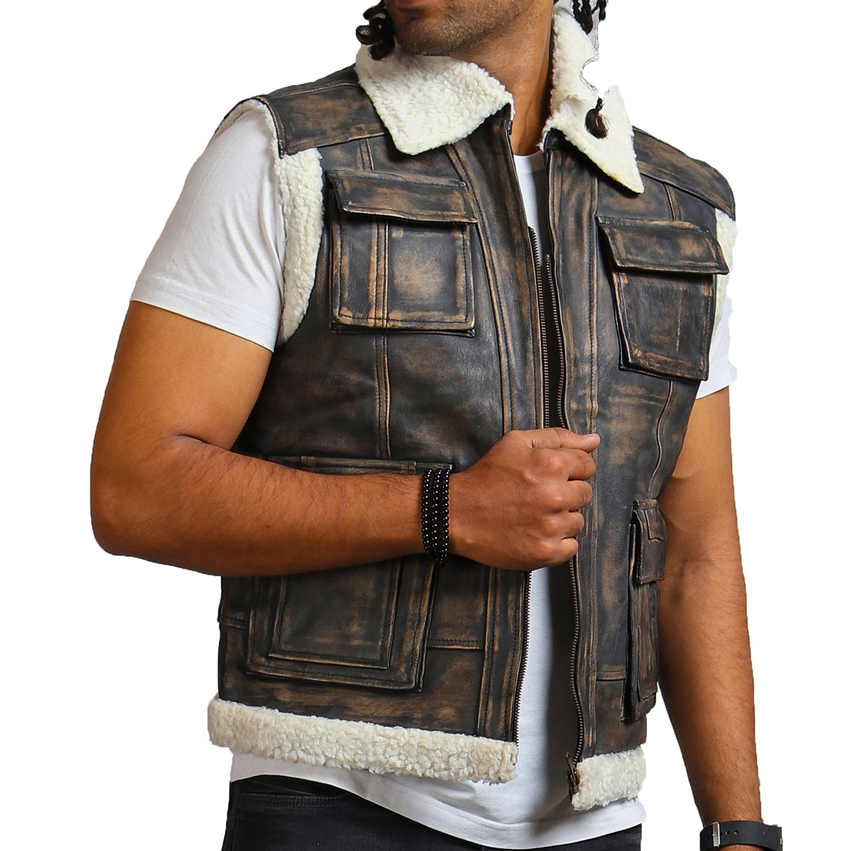 Genuine Brown Leather Vest with Fur Lining