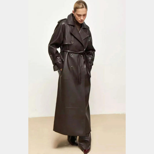 Exclusive Design Long Chocolate Leather Trench Coat