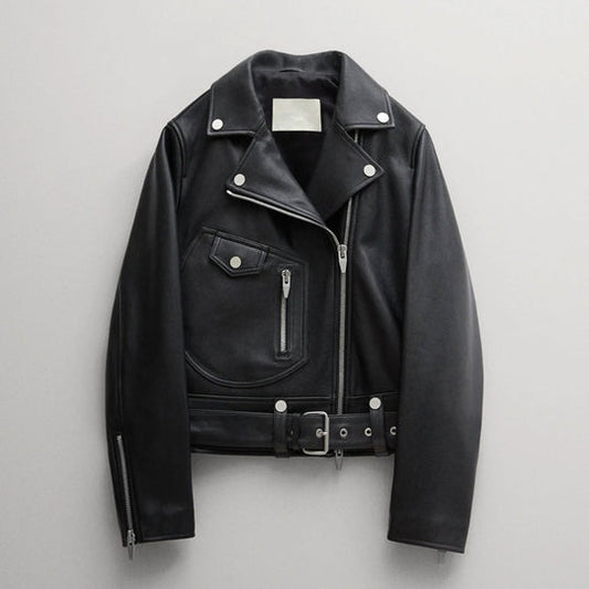Best looking Fahion women's black lambskin leather biker jacket