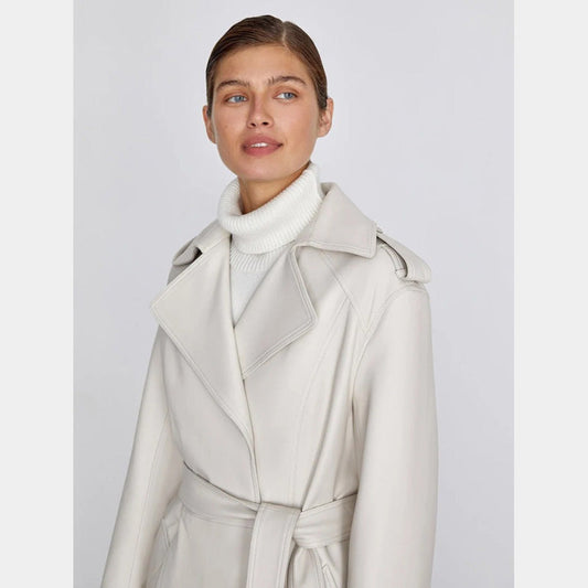 Women's Off White Leather Trench Coat