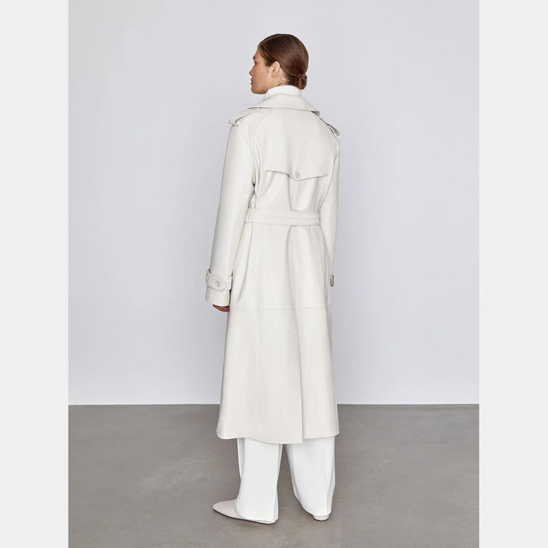 Women's Off White Leather Trench Coat