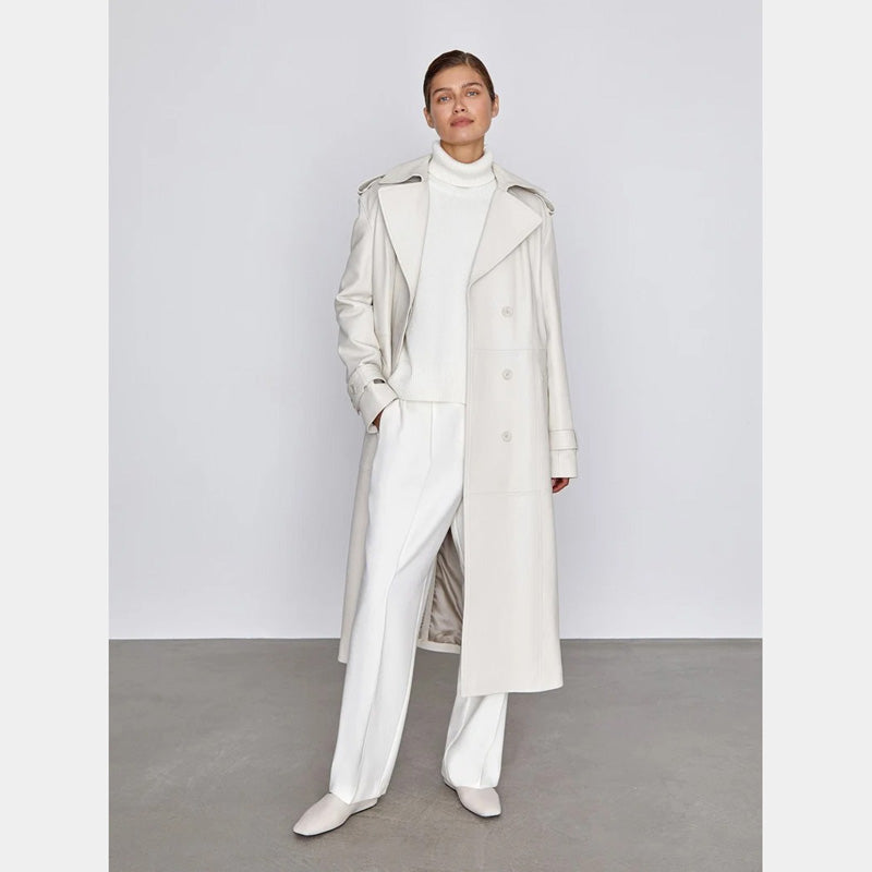 Women's Off White Leather Trench Coat