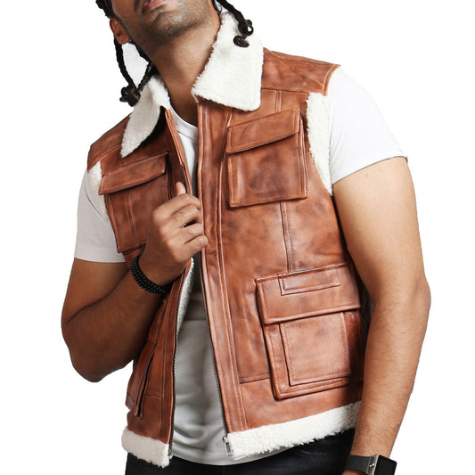 Purchase Men's Brown Leather Vest with Fur Lining – Rfx Leather