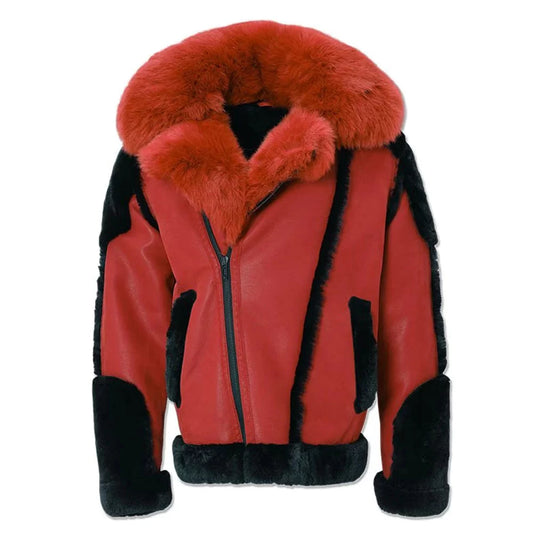 Buy Best Looking Christmas Men’s Red Shearling Moto Leather Jacket For Sale