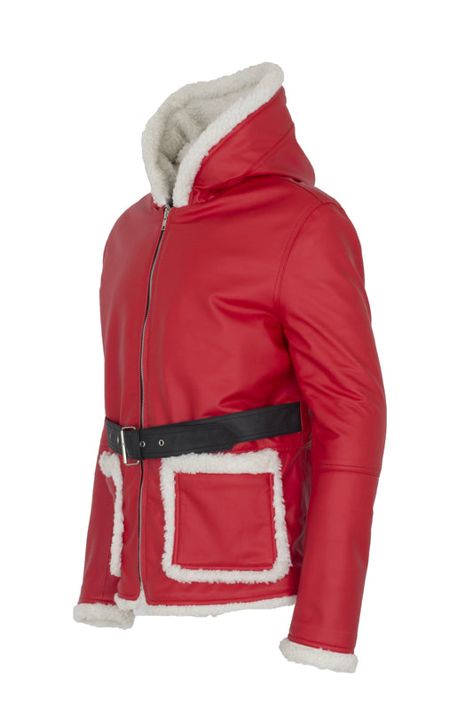 Men's Santa Claus Winter Christmas Hooded Fur Lined Red Leather Coat For Sale