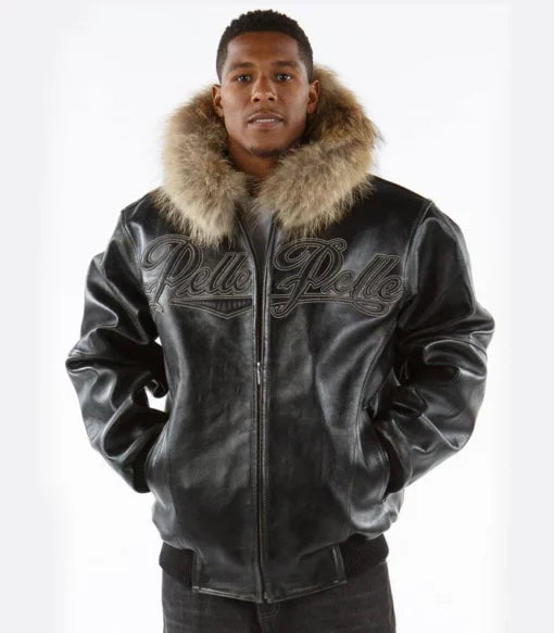 Shop Best Style Men’s Pelle Pelle Black Fur Hooded Real Leather Jacket For Sale