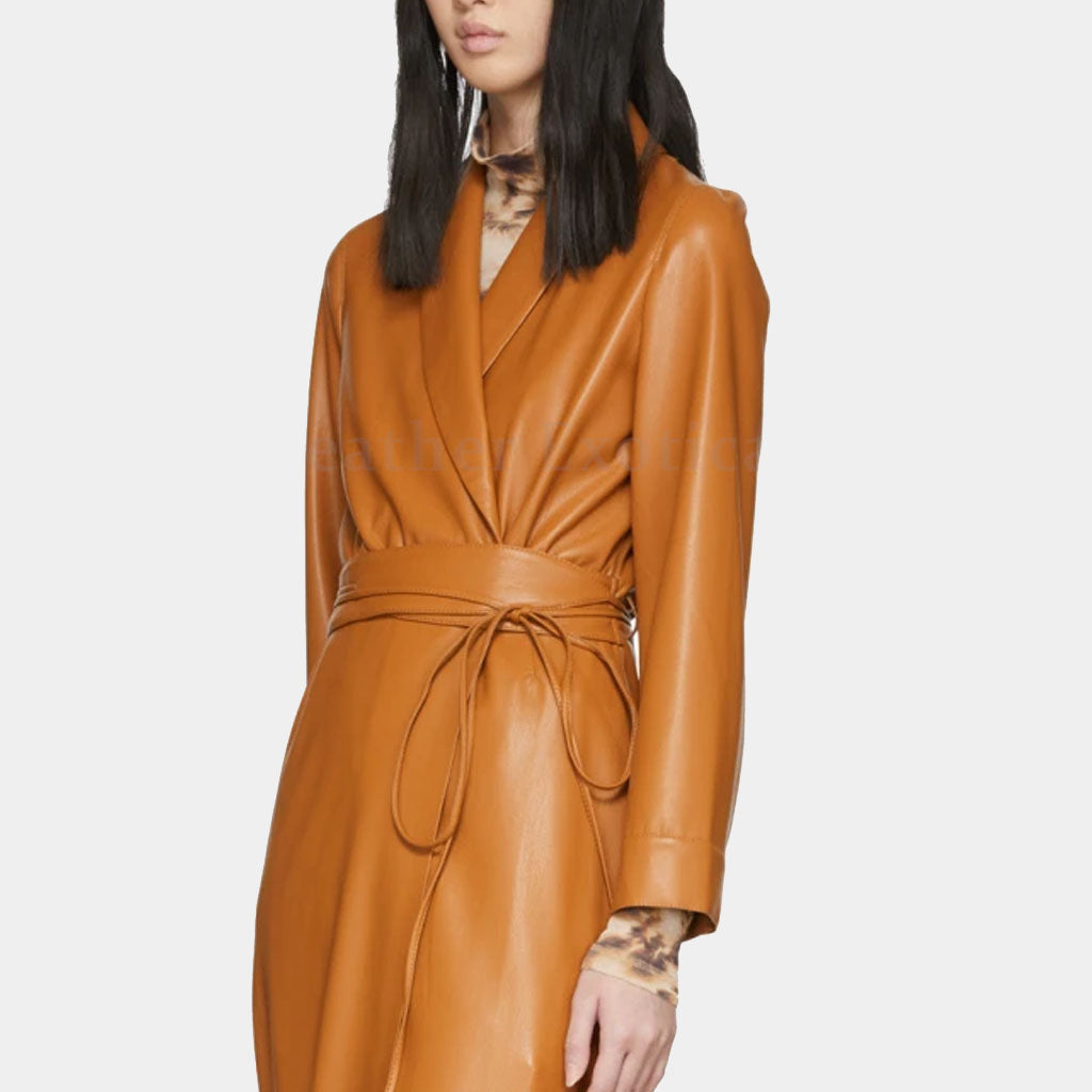 Women’s Shawl Collar Brown Leather Trench Coat