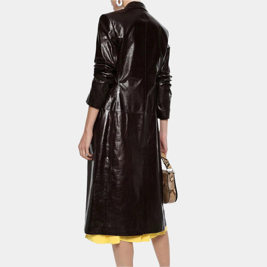 Women’s Trench Leather Coat with Flap Pockets