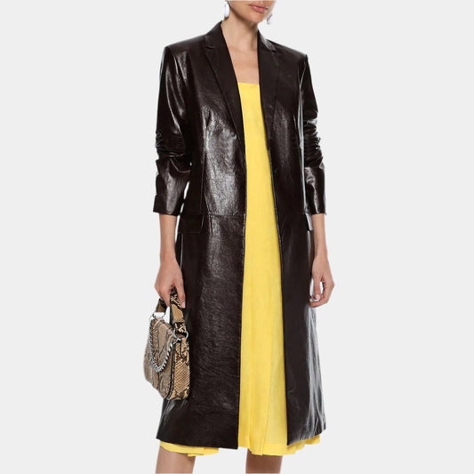 Women’s Trench Leather Coat with Flap Pockets