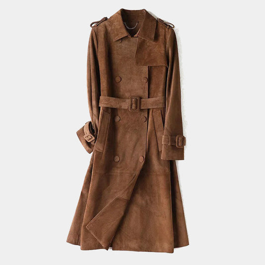 Brown Suede Goarskin Long Biker Trench Coat For Women